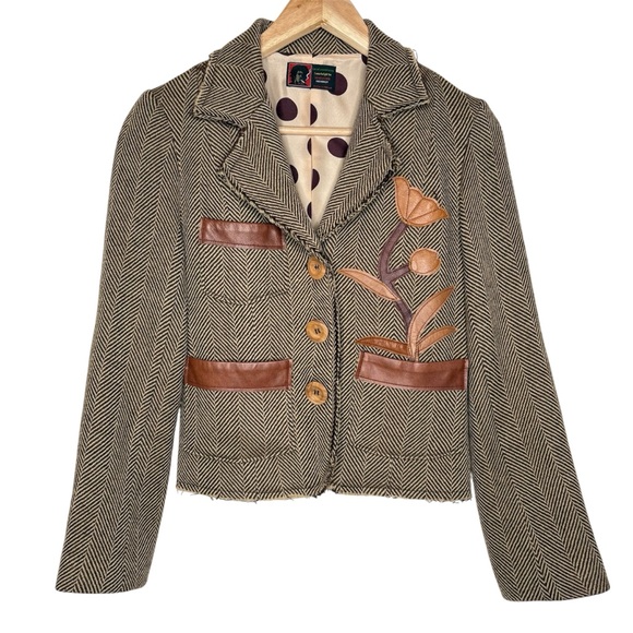 Catch A Fire Jackets & Blazers - Bob Marley Wool Herringbone Blazer with Brown Leather Accents sz 4